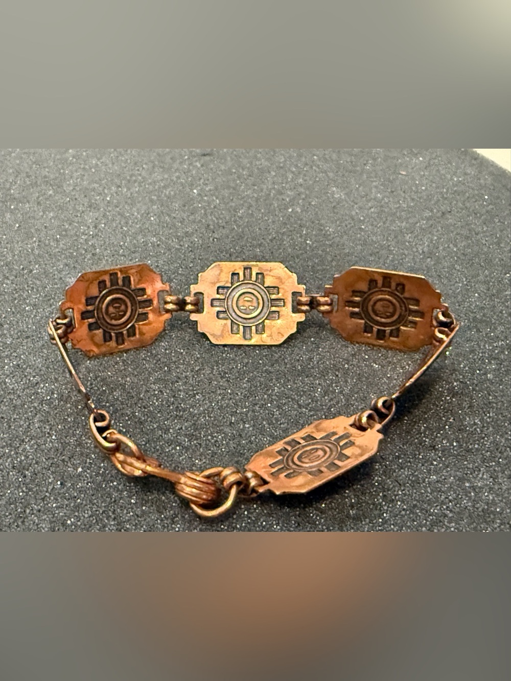 Copper Etched Link Sun Aztec 7" Vintage Bracelet
